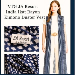 VTG,Y2K JA Resort,Blue Ikat Rayon Kimono/Duster/Vest,Boho,Resort-GUC,Size XL